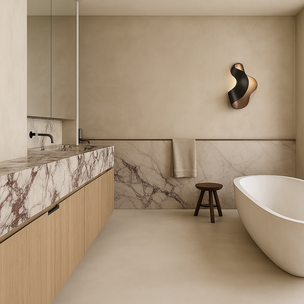 Modern microcement bathroom wtih marble details