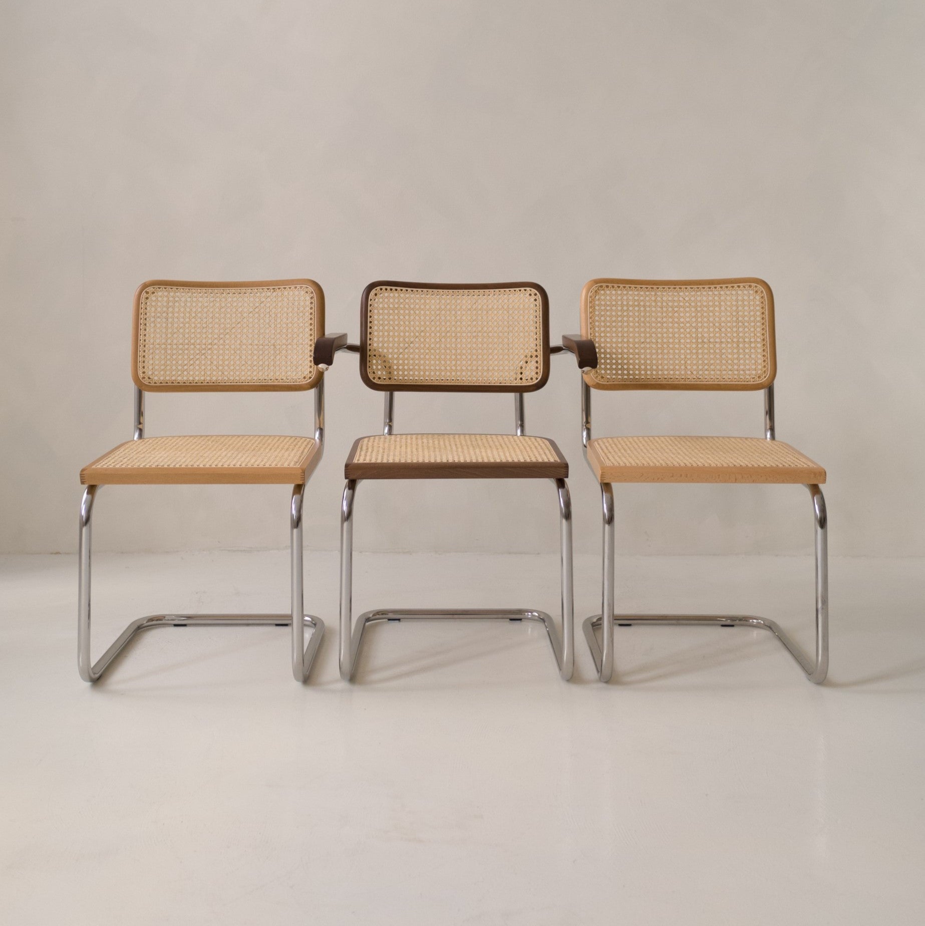 Set of Cesca-inspired chairs with chrome frame and rattan seat