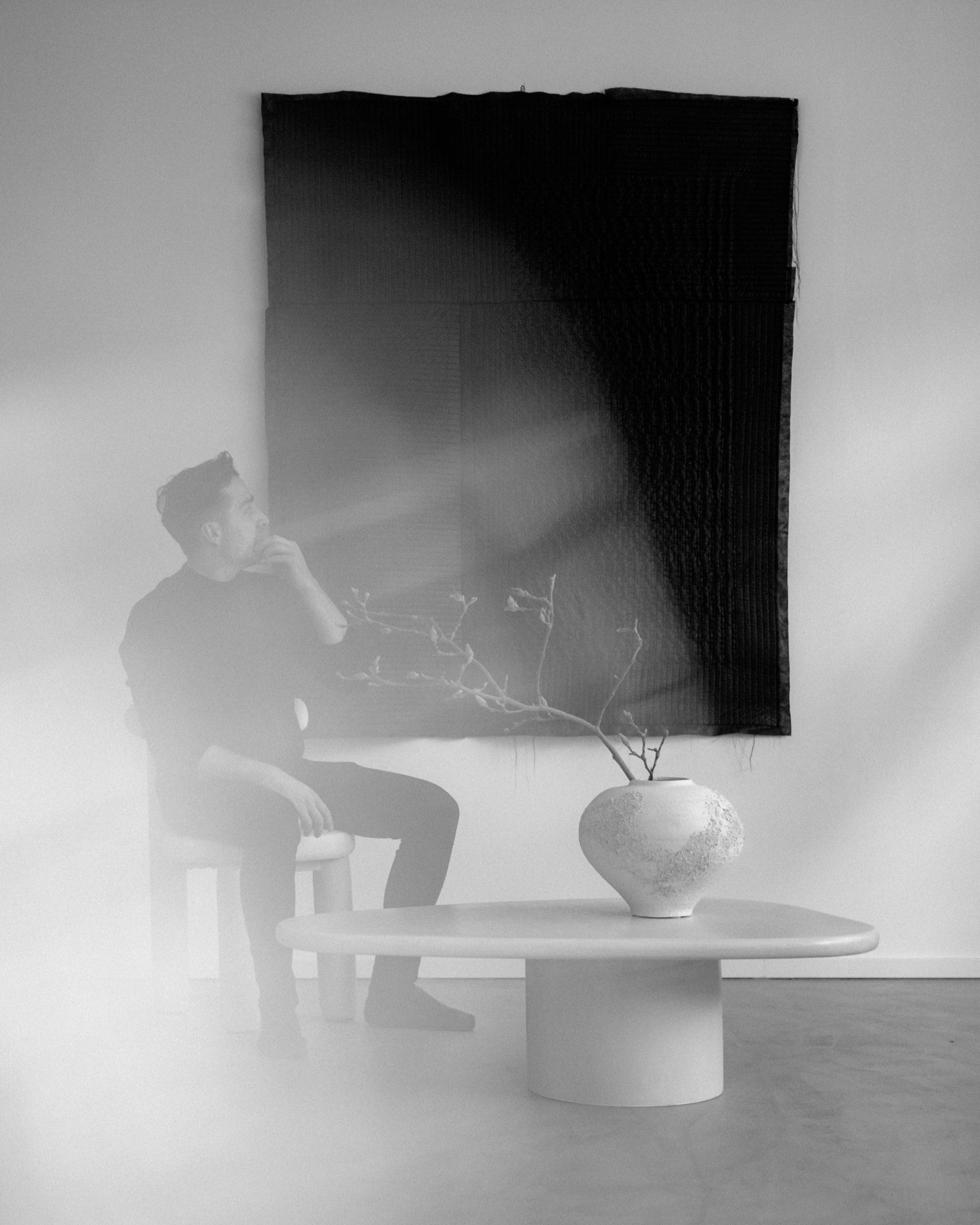 Artistic monochrome view of Kanso Wing coffee table with organic silhouette