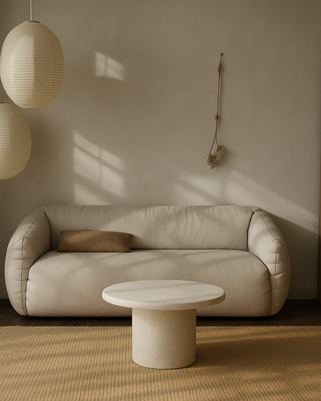 Kanso round microcement coffee table in living room setting with sofa and soft natural light