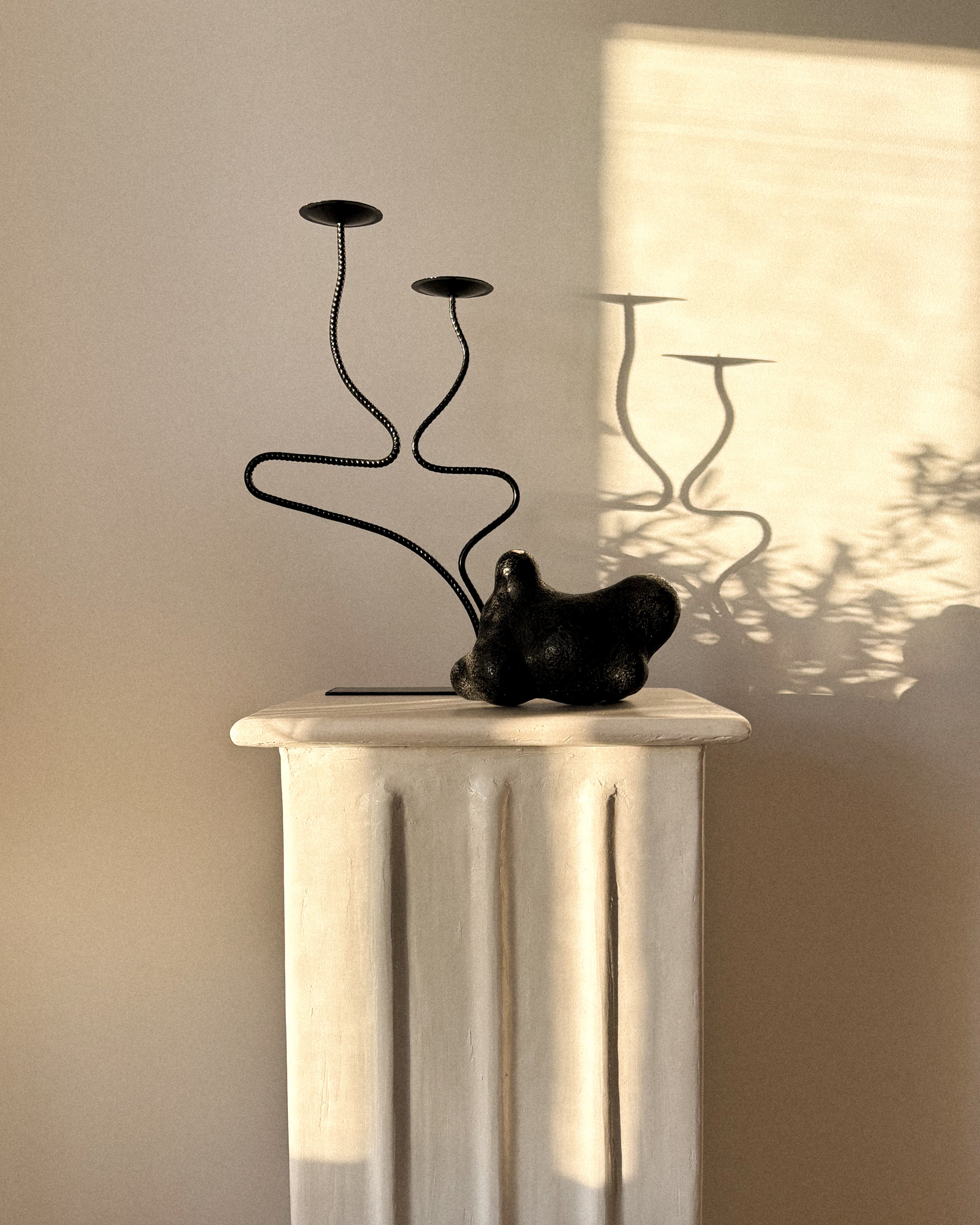 Li Ceramics black vase displayed on pedestal with dried flowers