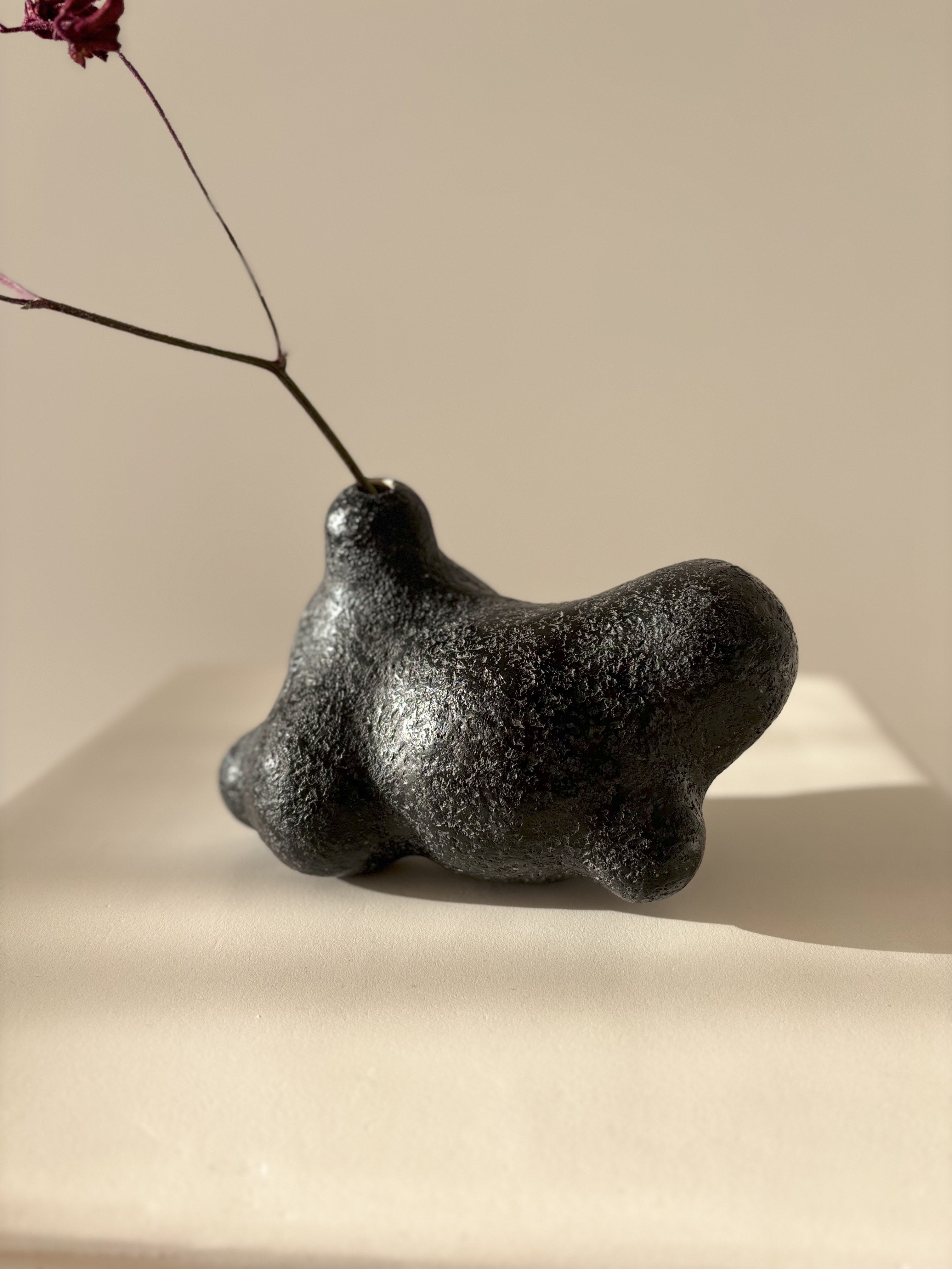 Li Ceramics black sculptural vase with raw texture and dried branch