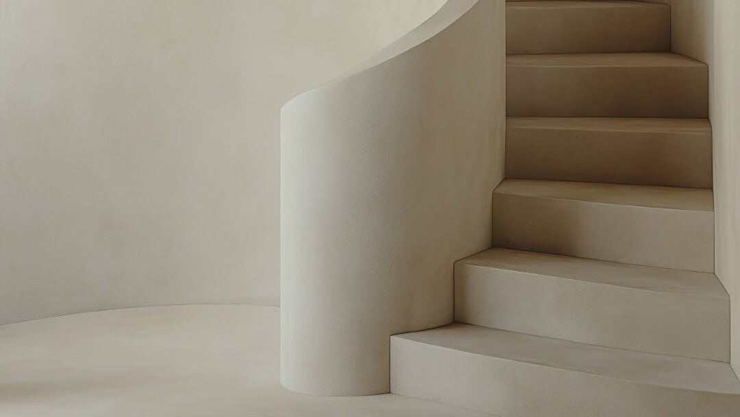 Curved staircase with seamless microcement finish, showcasing elegant craftsmanship, soft texture, and timeless minimalist design by Syneste.