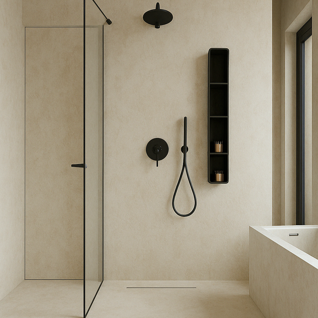 Minimalist walk-in shower with seamless microcement walls and floor, creating a modern, elegant, and easy-to-maintain bathroom design.