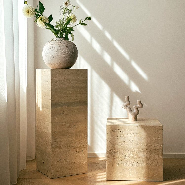 Mitsu travertine table and pedestal 