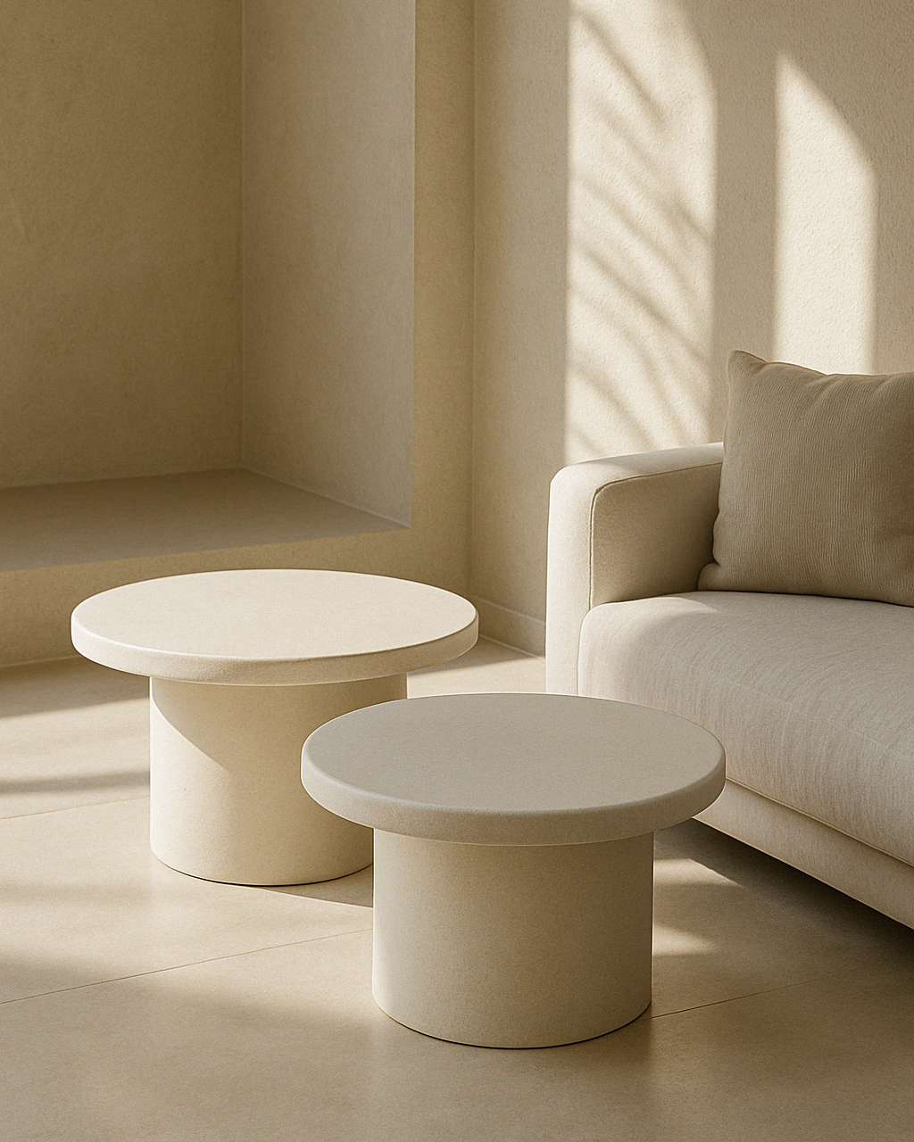 Kanso Round microcement coffee table set next to sofa in bright living room