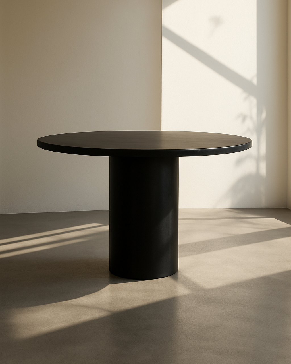 Black version of Kanso Round microcement dining table with sculptural form