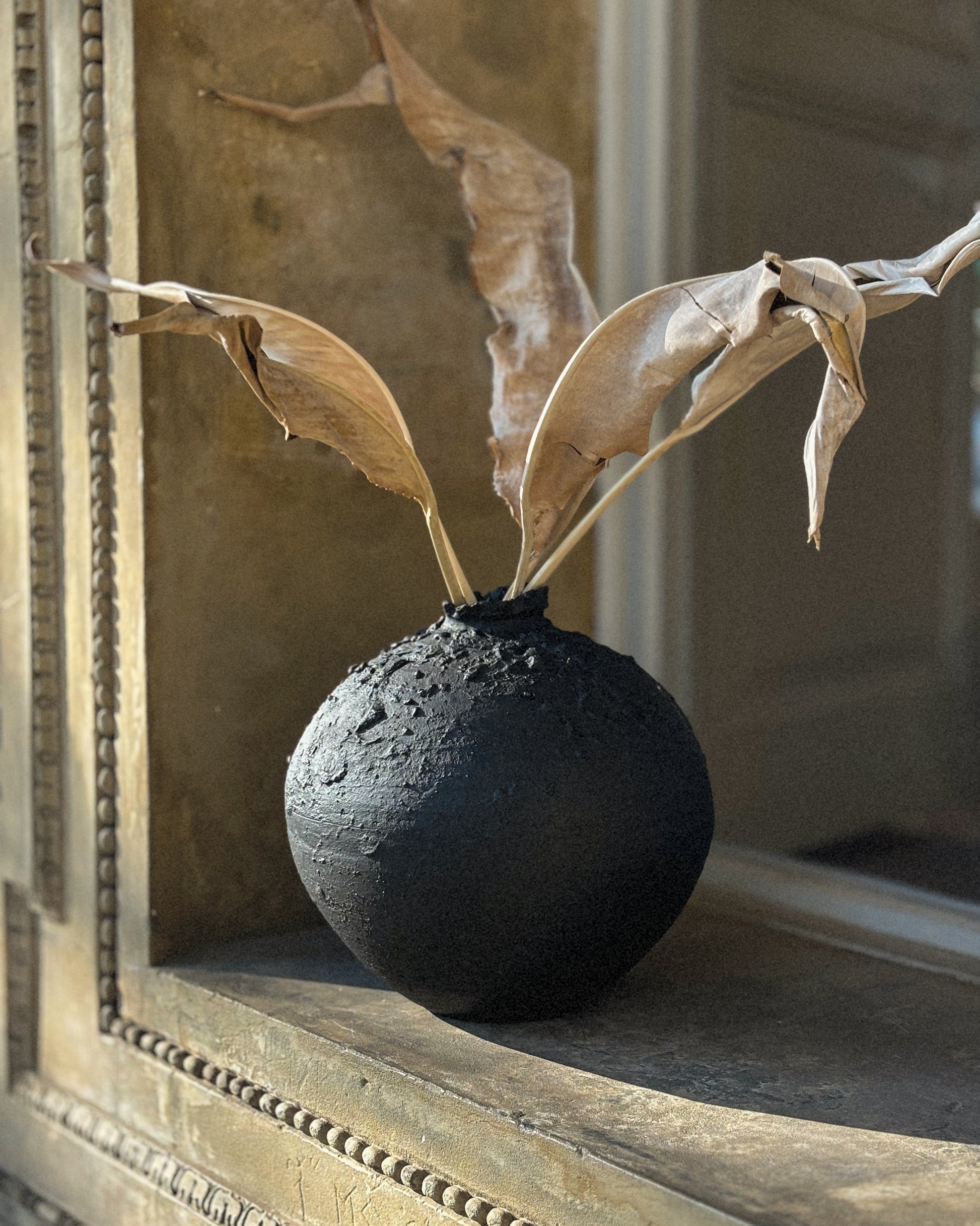 Sabi ceramic vase with dried grasses styled on windowsill, textured handmade finish